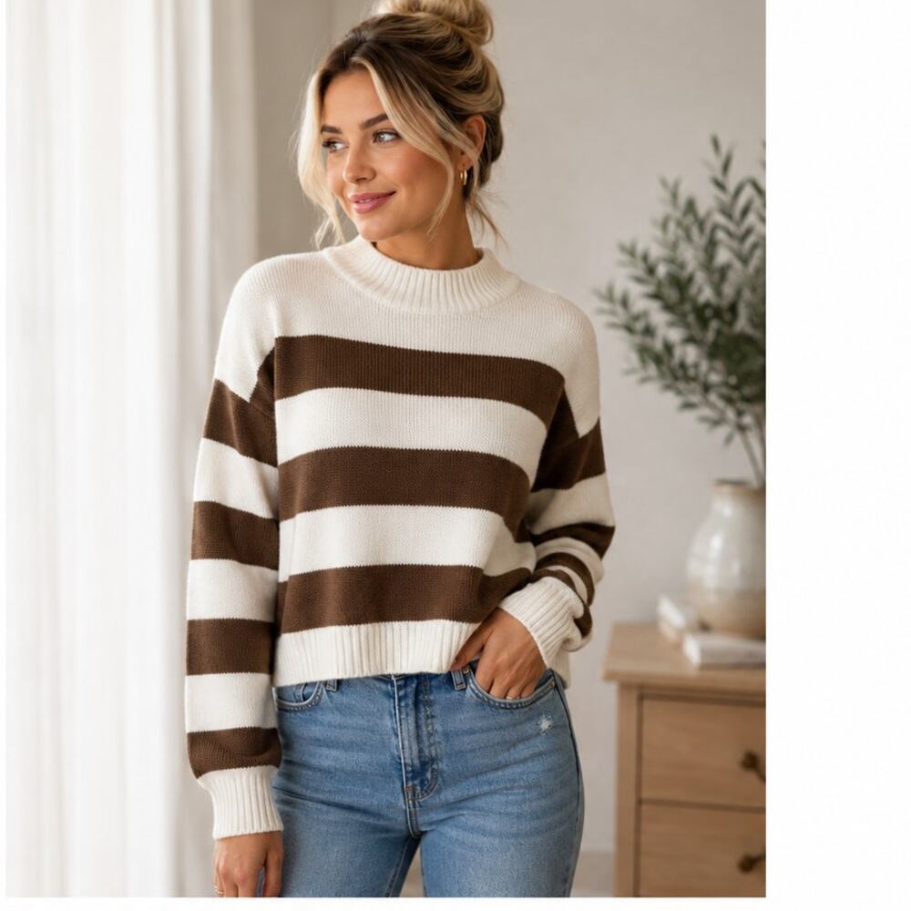 H&M Divided Women’s Brown & Cream Striped Knit Sweater Size Medium